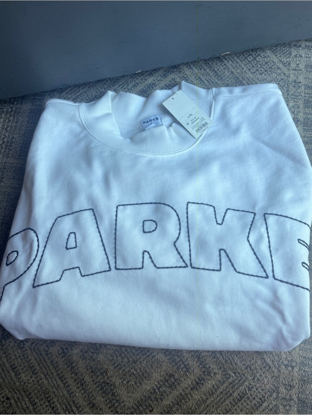 Parke x Target - White Crewneck Sweatshirt with Navy Logo Embroidered L/XL NWT